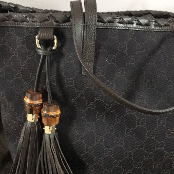 Gucci Bamboo Tassel Black/Brown Canvas Tote Bag - Picture 2 of 9